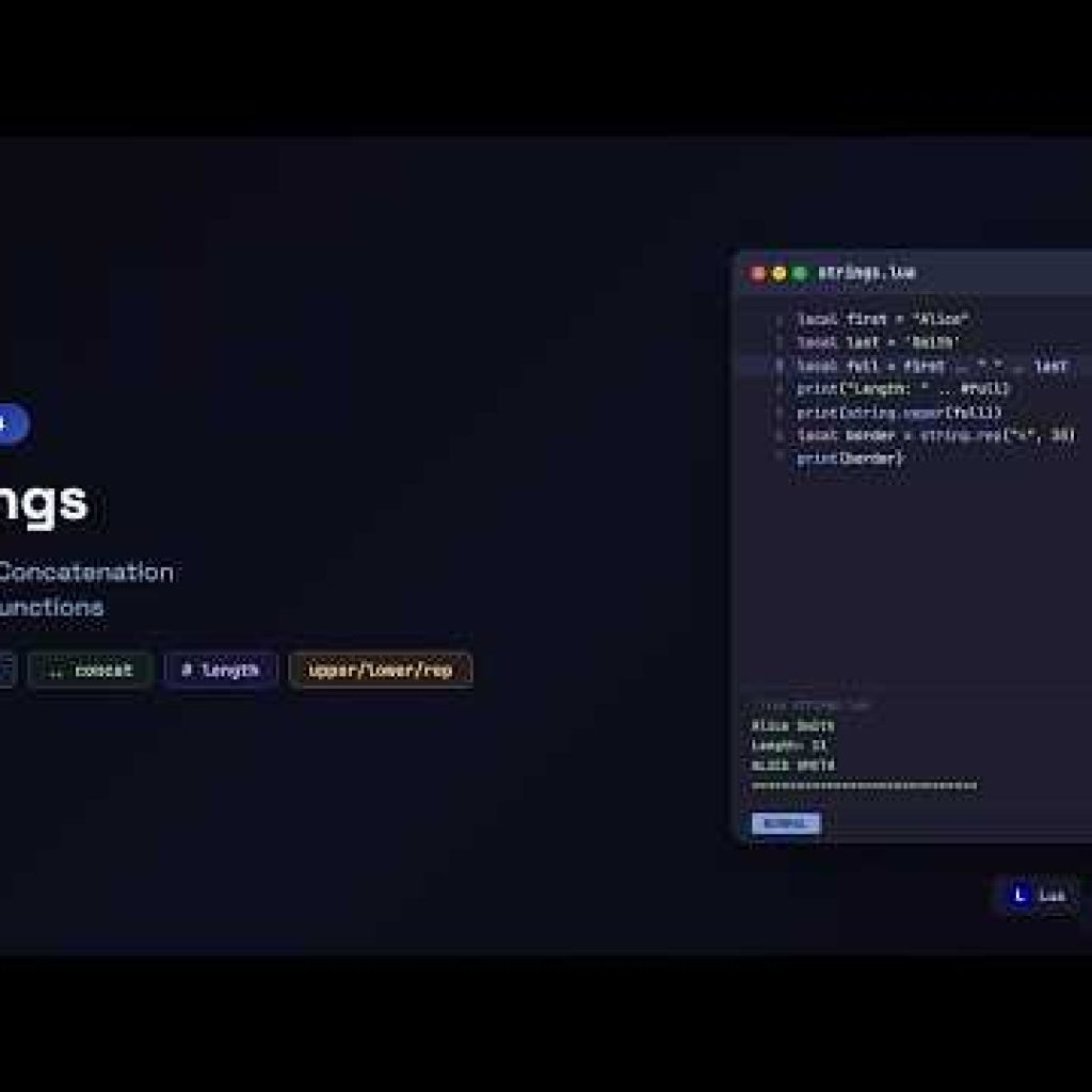 Lua for Beginners: String Creation, .., # Length & string.upper/lower | Episode 4